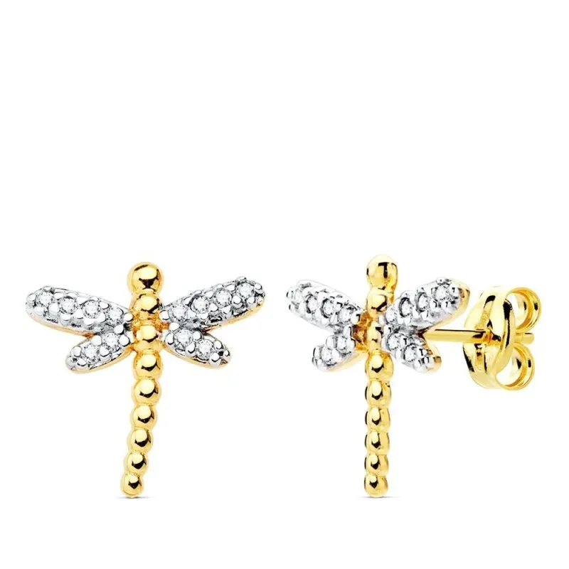 Pendientes en Oro Bicolor 18k de 12 mm. con forma de libélula y detal