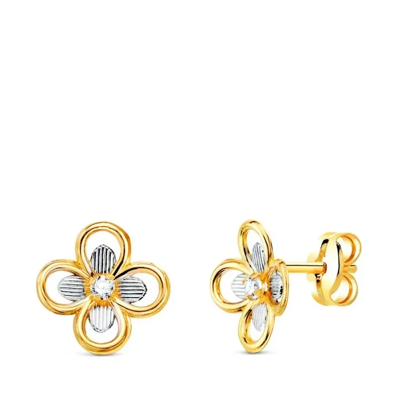 Pendientes Oro Bicolor 18k de 8 mm. con forma de flor y circonita en