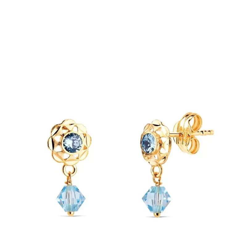 Pendientes en Oro 18k cubanas con 14 mm. con circonitas azules