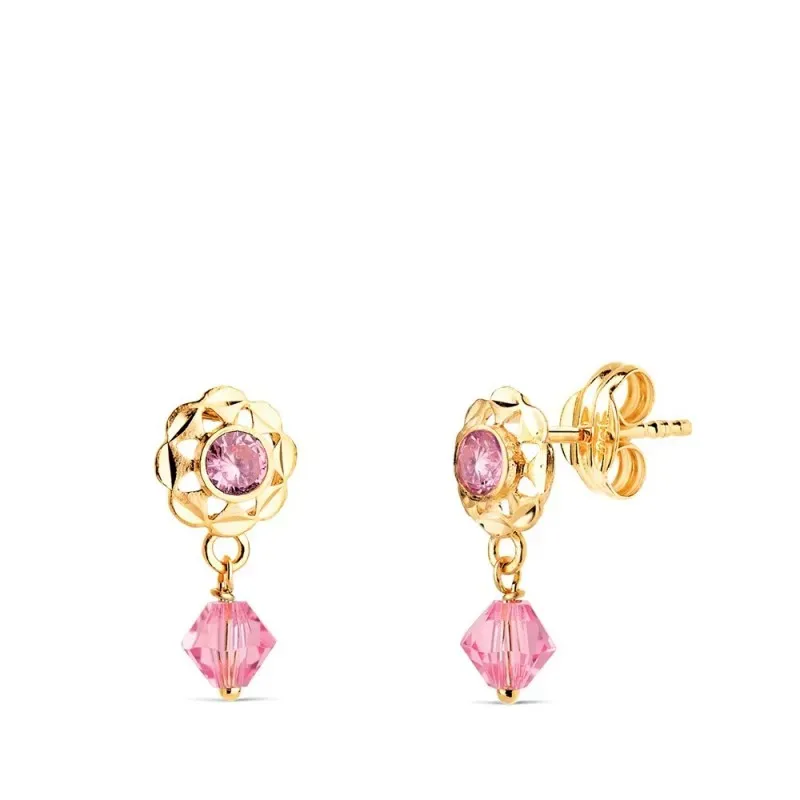 Pendientes en Oro 18k cubanas con 14 mm. con circonitas rosas