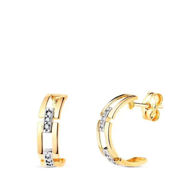Pendientes Oro Bicolor 18k con 13 mm. medio aro eslabones con circoni