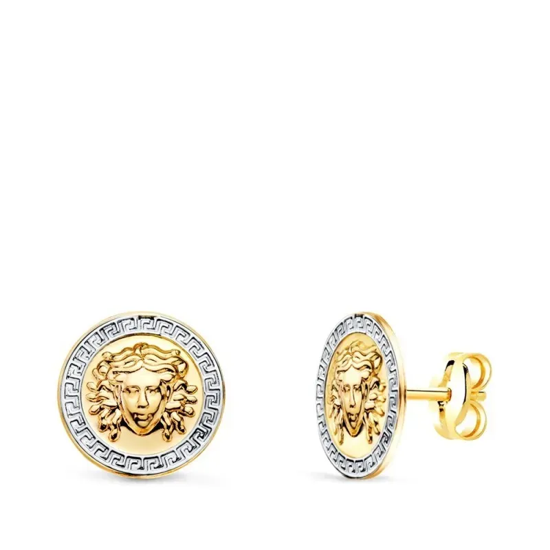 Pendientes en Oro Bicolor 18k con 10 mm. medusa con dibujo de greca