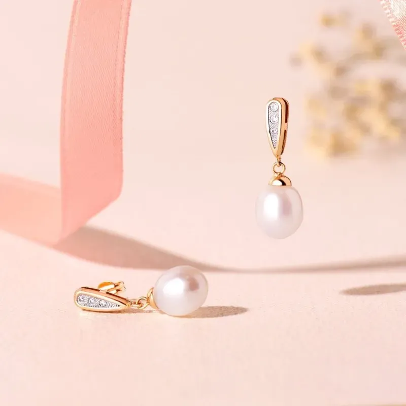 Pendientes en Oro Bicolor 18k de 25 mm. con circonitas y perla forma