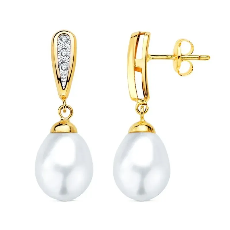 Pendientes en Oro Bicolor 18k de 25 mm. con circonitas y perla forma