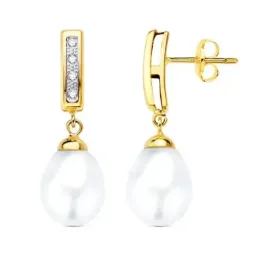 Pendientes en Oro Bicolor de 18k con 25 mm. perla forma pera circonit