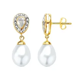 Pendientes en Oro Bicolor de 18k con 25 mm. dos cuerpos perlas con ci