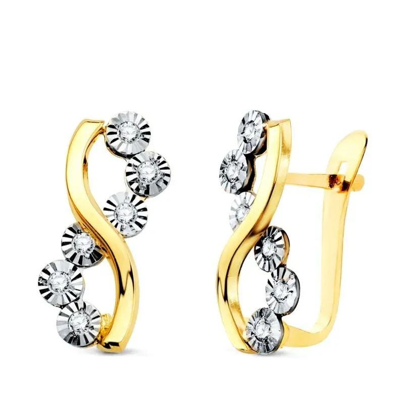 Pendientes en Oro Bicolor 18k de 14 mm. bandas onduladas con motivos