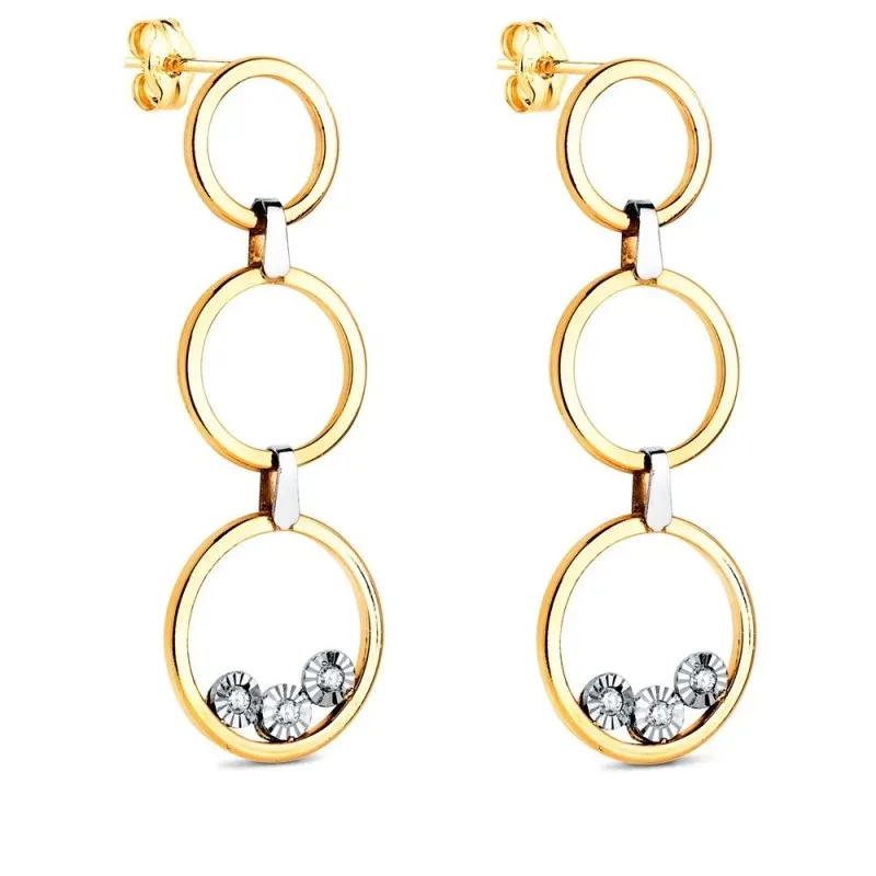 Pendientes Largos en Oro de 18k con 34 mm. tres aros calados con circ