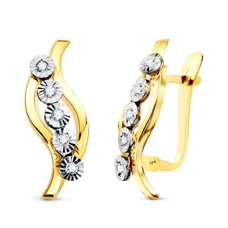 Pendientes en Oro Bicolor de 17 mm. bandas combinadas con circonitas