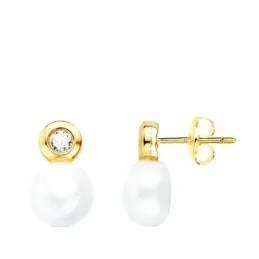 Pendientes en Oro 18k de 12 mm. chatón con circonita combinado perla