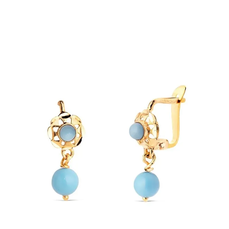Pendientes Largos Cubanas Oro 18k con 15 mm. turquesas