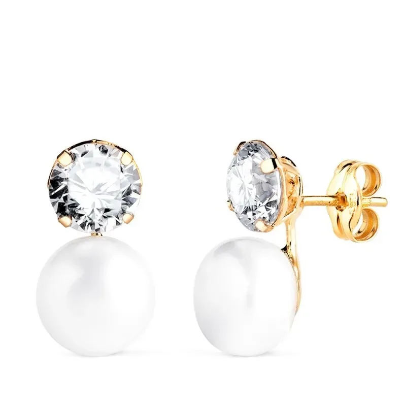 Pendientes en Oro 18k con 14 mm. tu y yo perla combinada circonita