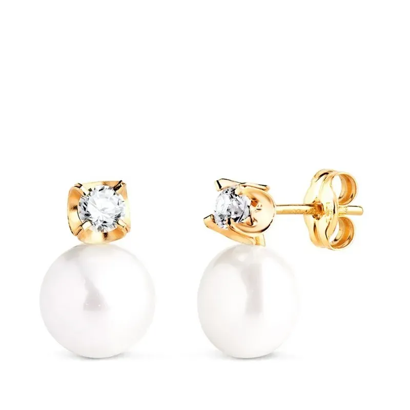 Pendientes en Oro 18k con 12 mm. tu y yo perla combinada circonita