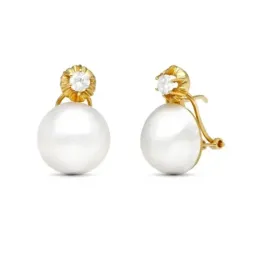Pendientes en Oro 18k con perla japonesa de 14 mm. combinada con circ