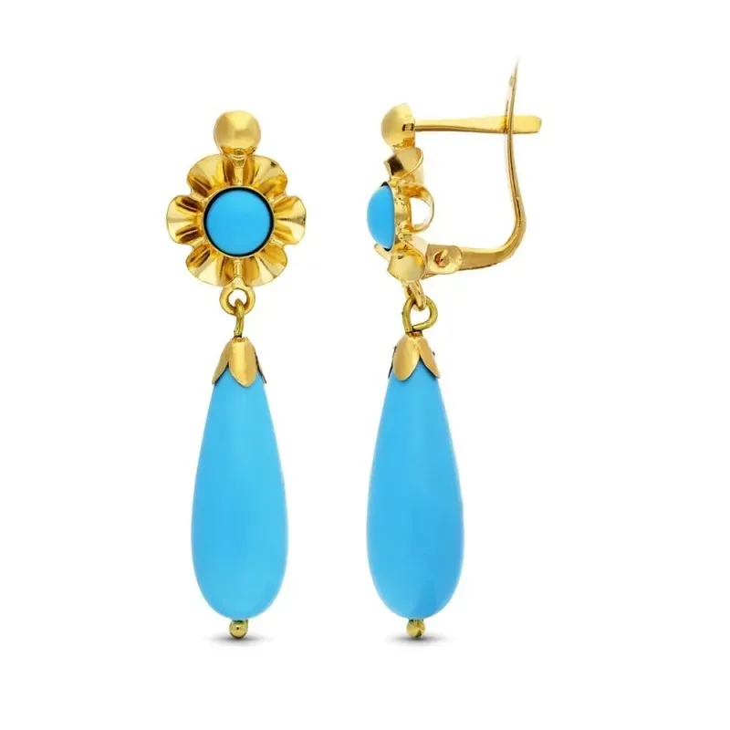 Pendientes Largos en Oro de 18k con lágrima colgante color turquesa