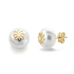 Pendientes en Oro 18k con perla de 9 mm. detalle flor centro
