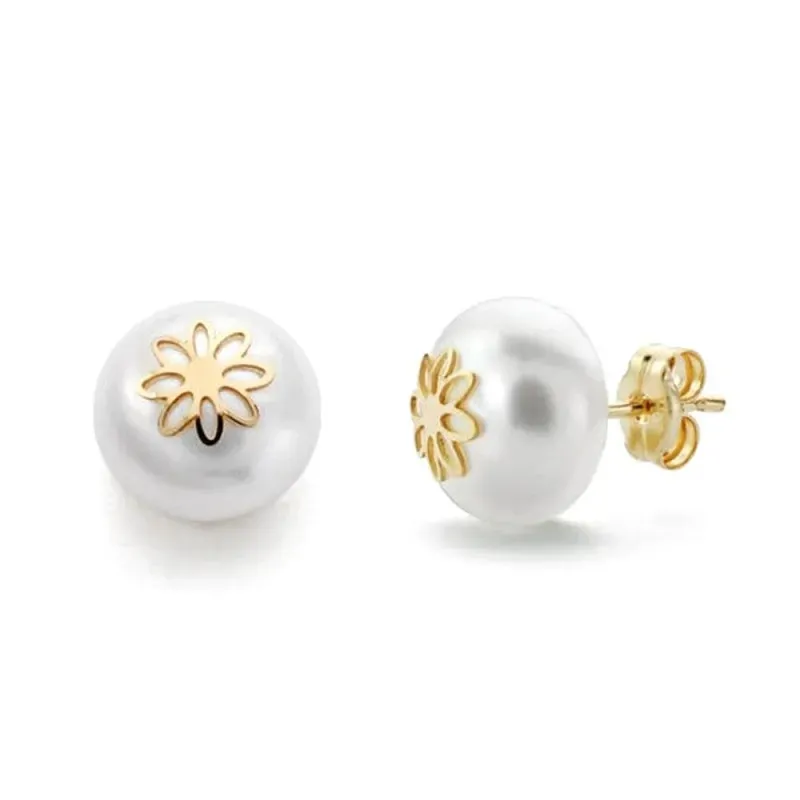 Pendientes en Oro 18k con perla de 9 mm. detalle flor centro