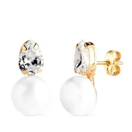 Pendientes en Oro de 18k con 15 mm. tu y yo perla botón combinada cir