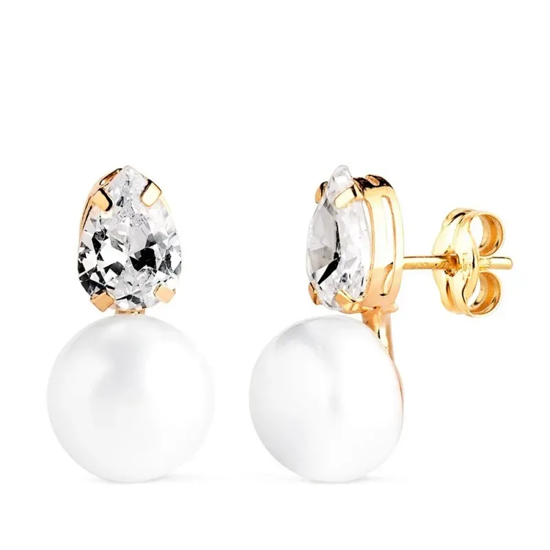 Pendientes en Oro de 18k con 15 mm. tu y yo perla botón combinada cir