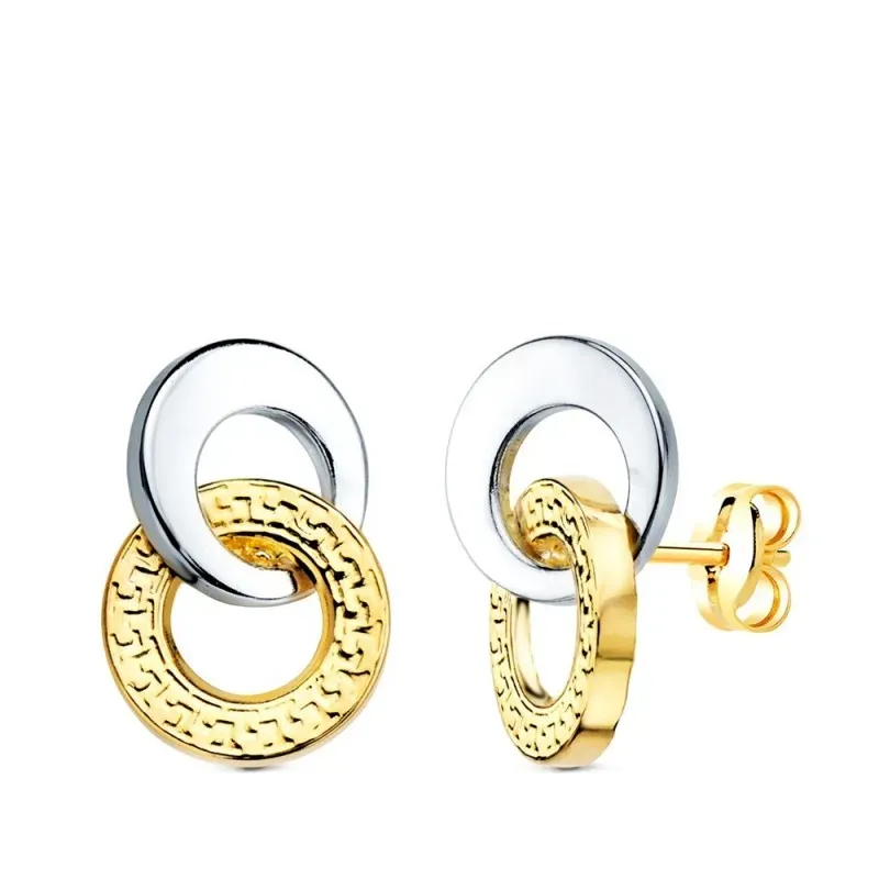 Pendientes en Oro Bicolor 18k con 13 mm. aros entrelazados liso detal