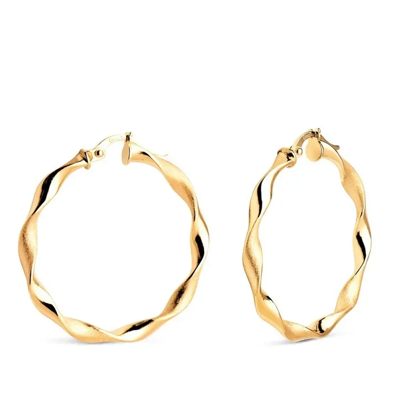 Aros Pendientes en Oro 18k de 30 mm. huecos reliados combinados mate