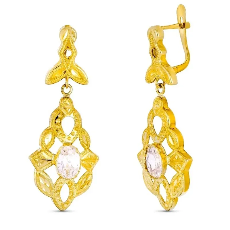 Pendientes Largos en Oro 18k cubanas con detalle de circonitas