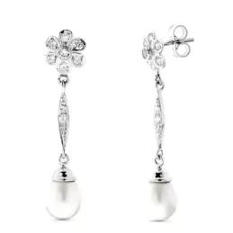 Pendientes Largos en Oro Blanco 18k forma flor con circonitas combina