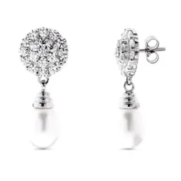 Pendientes en Oro Blanco 18k con perla forma de pera combinada circon