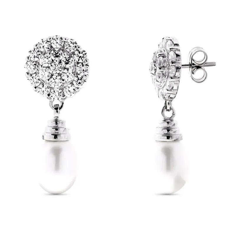 Pendientes en Oro Blanco 18k con perla forma de pera combinada circon