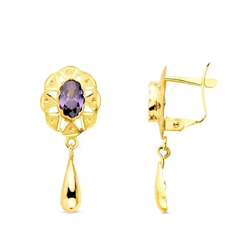 Pendientes en Oro 18k de 23 mm. cubanas con lazo combinadas circonita
