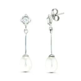 Pendientes Largos en Oro Blanco 18k con dos cuerpos circonita combina