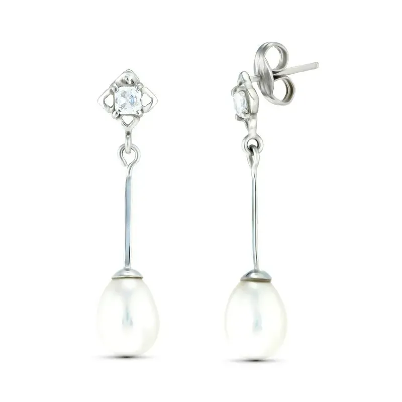 Pendientes Largos en Oro Blanco 18k con dos cuerpos circonita combina