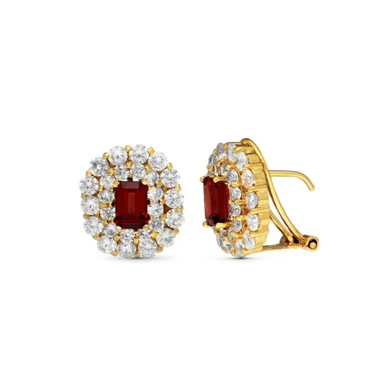 Pendientes en Oro 18k con 6 mm. piedra granate en el centro combinada