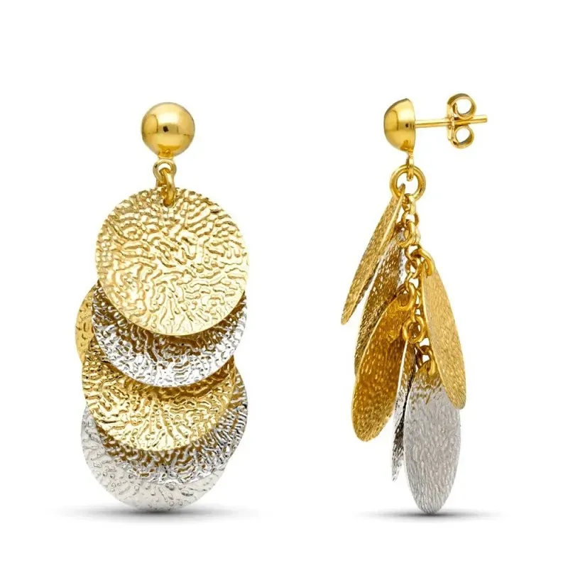 Pendientes en Oro Bicolor 18k círculos labrados