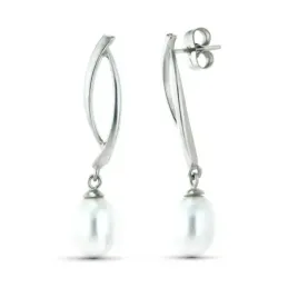 Pendientes Largos en Oro Blanco de 18k con dos bandas y perla forma p