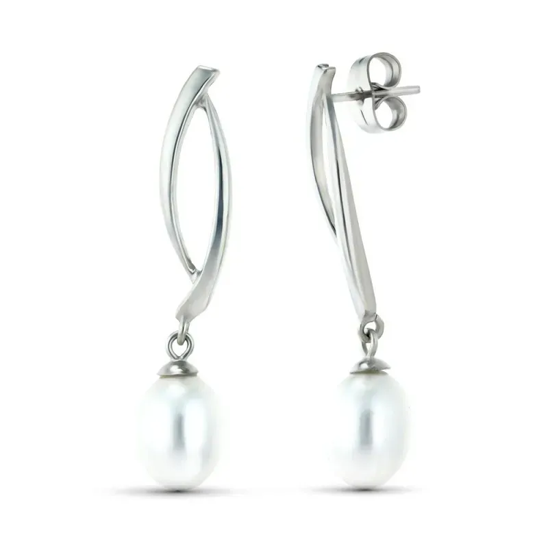 Pendientes Largos en Oro Blanco de 18k con dos bandas y perla forma p