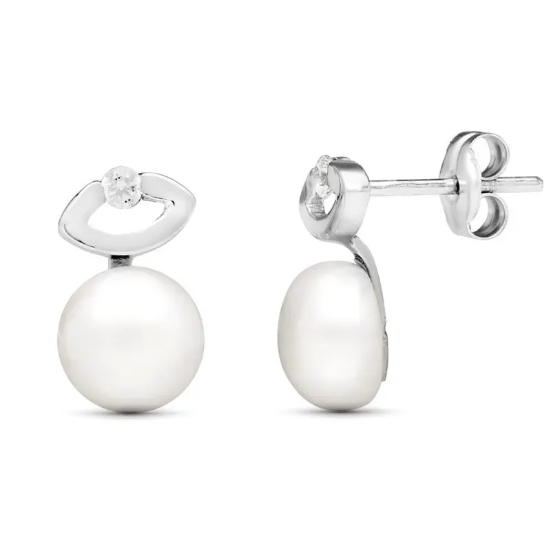 Pendientes en Oro Blanco de 18k con 12 mm. perla cultivada de 7 mm. c