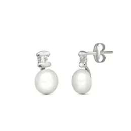 Pendientes en Oro Blanco 18k de 10 mm. perla forma botón con circonit