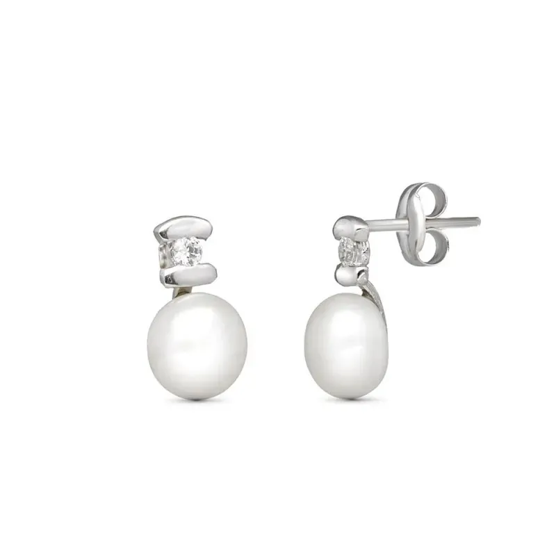 Pendientes en Oro Blanco 18k de 10 mm. perla forma botón con circonit