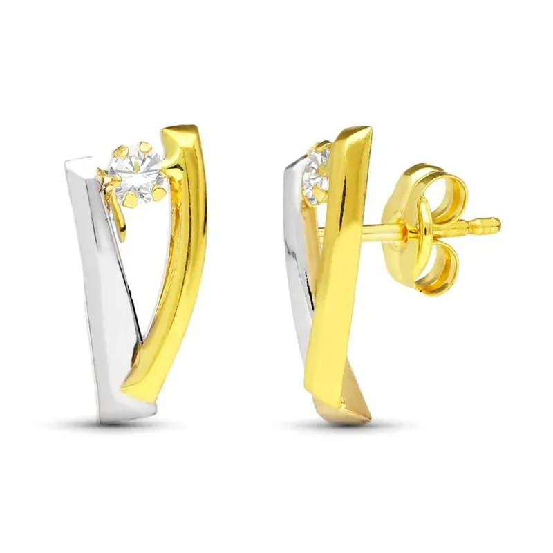 Pendientes Oro Bicolor 18k con 11 mm. dos bandas lisas circonita cent