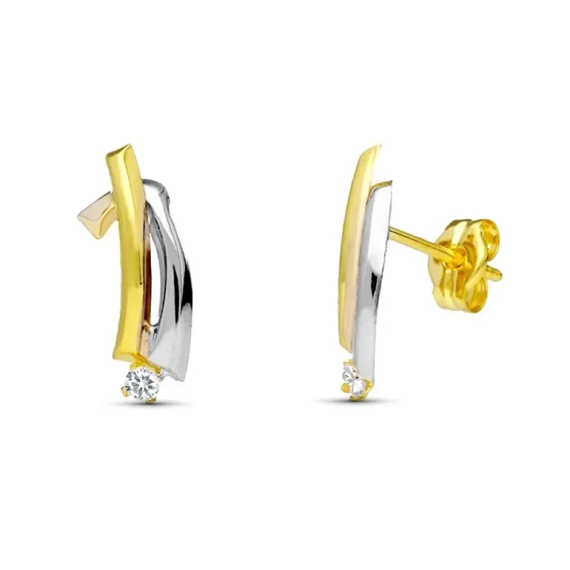 Pendientes en Oro Bicolor 18k con 14 mm. circonita dos bandas lisas