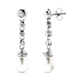 Pendientes Largos Oro Blanco 18k de 30 mm. circonitas y perla cultiva