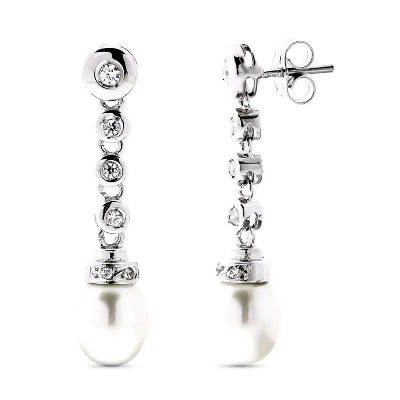 Pendientes Largos Oro Blanco 18k de 30 mm. circonitas y perla cultiva