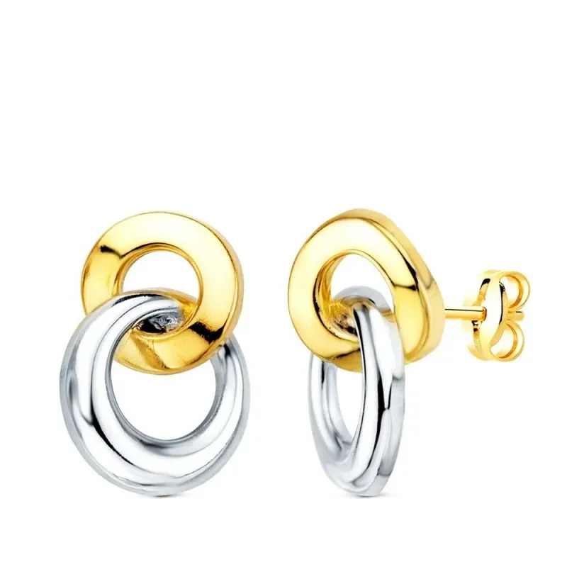 Pendientes en Oro Bicolor 18k con 13 mm. dos aros lisos entrelazados