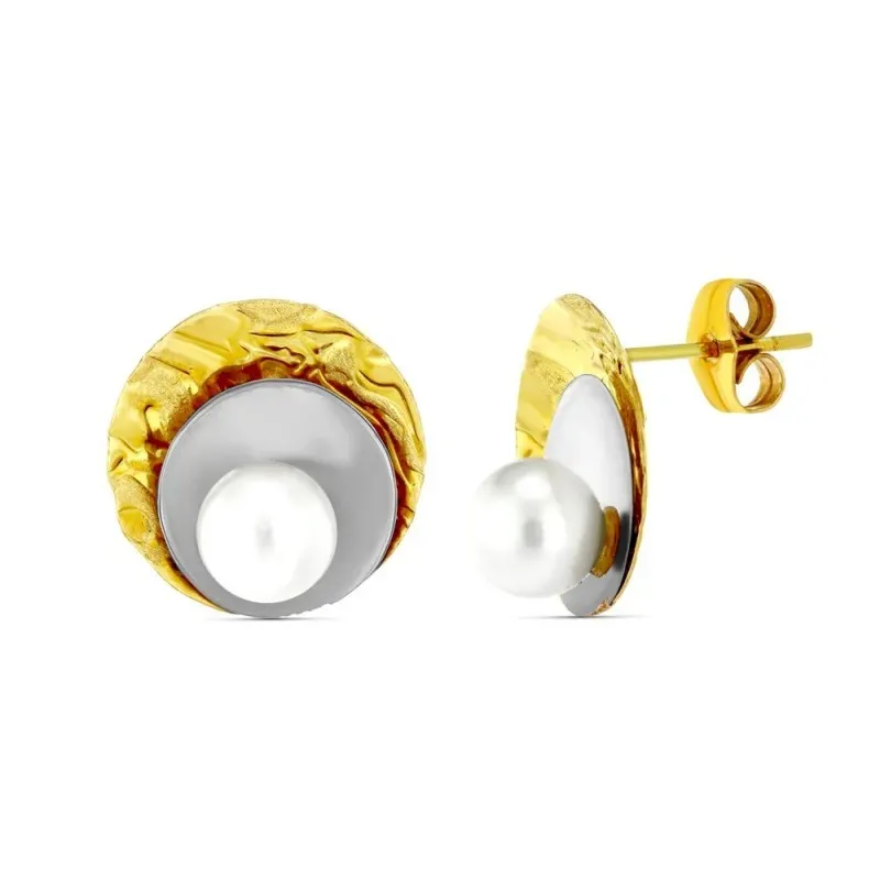 Pendientes en Oro Bicolor 18k redondos con perla en el centro