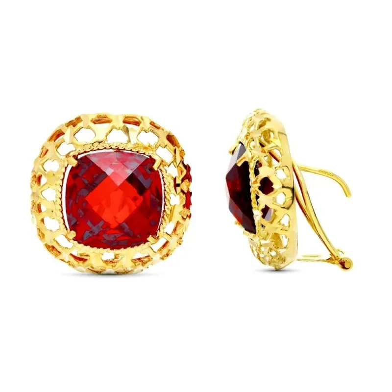Pendientes en Oro de 18k con 20 mm. piedra granate centro cerco de fi