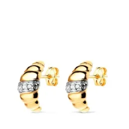 Pendientes en Oro Bicolor 18k de 10 mm. gallones lisos con circonitas