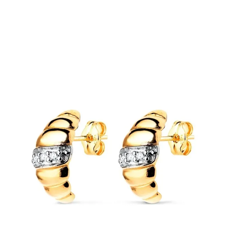 Pendientes en Oro Bicolor 18k de 10 mm. gallones lisos con circonitas