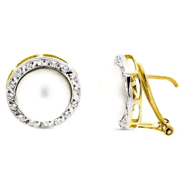 Pendientes en Oro Bicolor 18k de 10 mm. con perla japonesa natural y