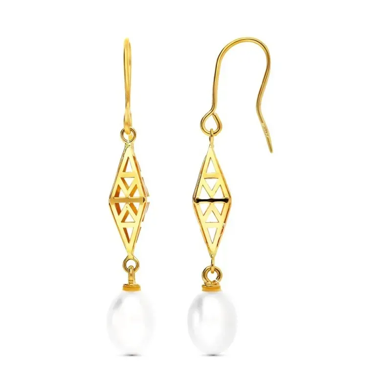 Pendientes Largos en Oro 18k con 43 mm. rombos calados con perla cult